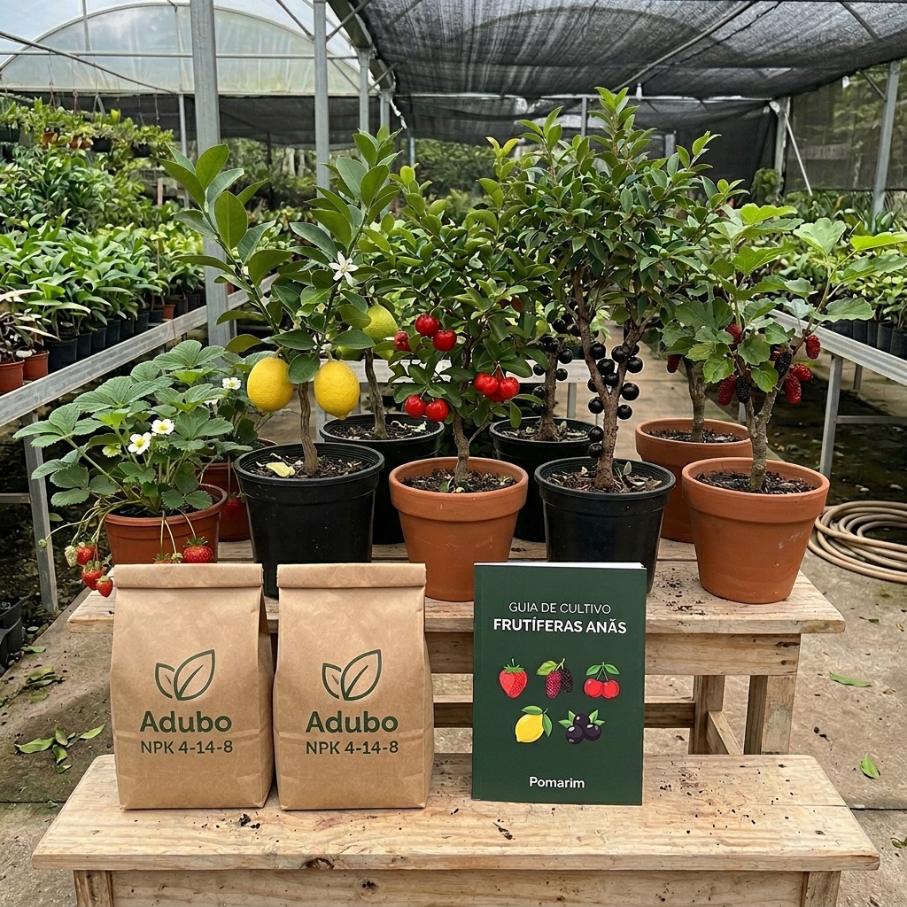 Kit em Dobro Mini Pomar - 5 Espécies (Limão, Acerola, Morango, Jabuticaba e Amora) + Adubo