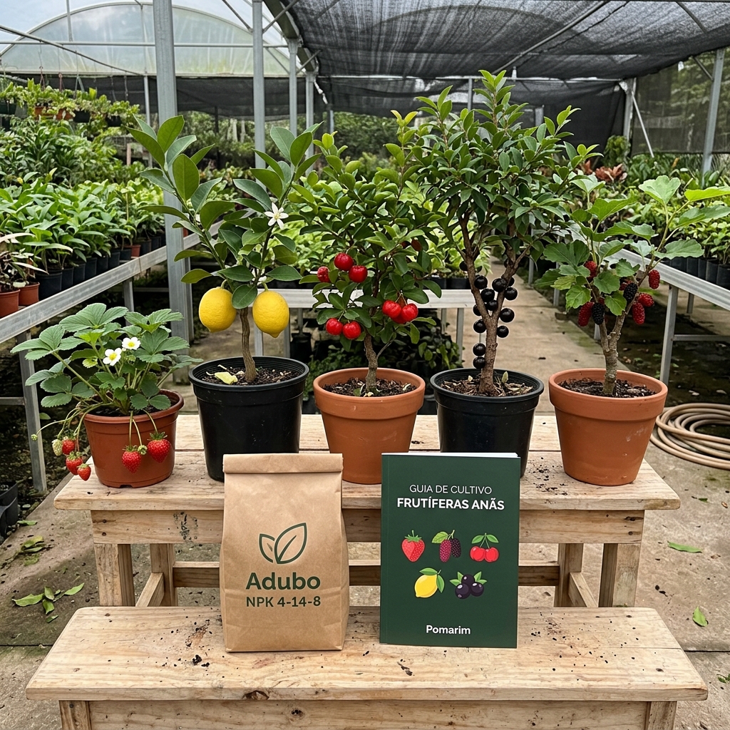 Kit Essencial Mini Pomar - 5 Espécies (Limão, Acerola, Morango, Jabuticaba e Amora) + Adubo
